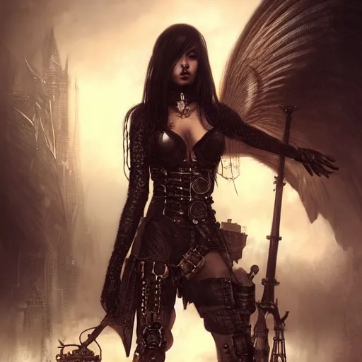 Image similar to aaliyah and kerli koiv, steampunk, darkwave, darksynth, concept headshot art, sharp, digital matte painting, art by luis royo, greg rutkowski, wlop, dramatic lighting, trending on artstation