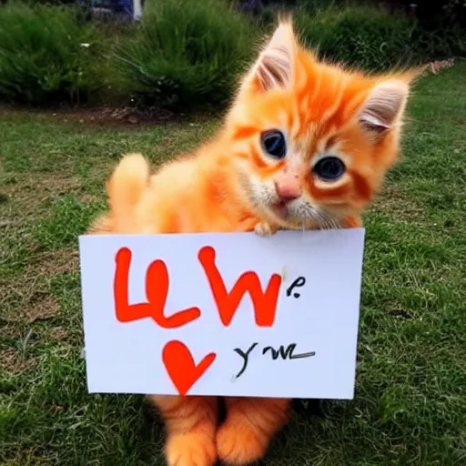 Image similar to cute fluffy orange tabby kitten with a sign that says