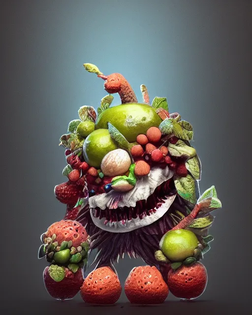 Image similar to a fruit figurine monster made of different fruit, concept art, oil painting, highly detailed, dramatic lighting, hyperrealistic, 8 k, artstation, cgsociety