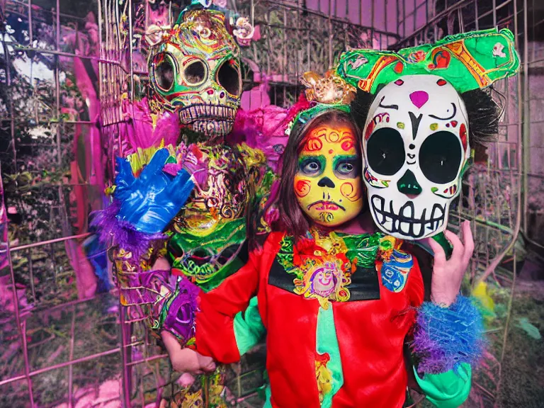 Image similar to A child wearing dia de los muertos face make-up and a luchador costume sits in a cage, during a 1980s laser show, and speaks to her guardian spirit saying, Tolerance will reach such a level that intelligent people will be banned from thinking so as not to offend. Lowbrow, pop surrealism art style, alebrijes aesthetic, contemporary art illustration, photography by Steven Curry, ultra real 8k photography