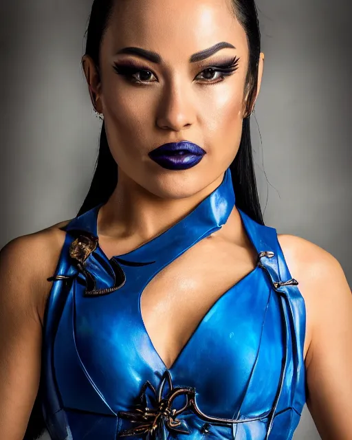 Image similar to Beautiful close highly detailed portrait of Kitana from Mortal Kombat in her iconic signature main outfit. Award-winning photography. XF IQ4, 150MP, 50mm, f/1.4, ISO 200, 1/160s, natural light, rule of thirds, symmetrical balance, depth layering, polarizing filter, Sense of Depth, AI enhanced