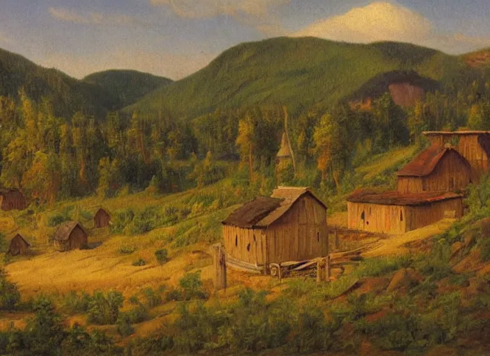 Prompt: the small wooden villages of siberia, russia in the style of hudson river school of art, oil on canvas