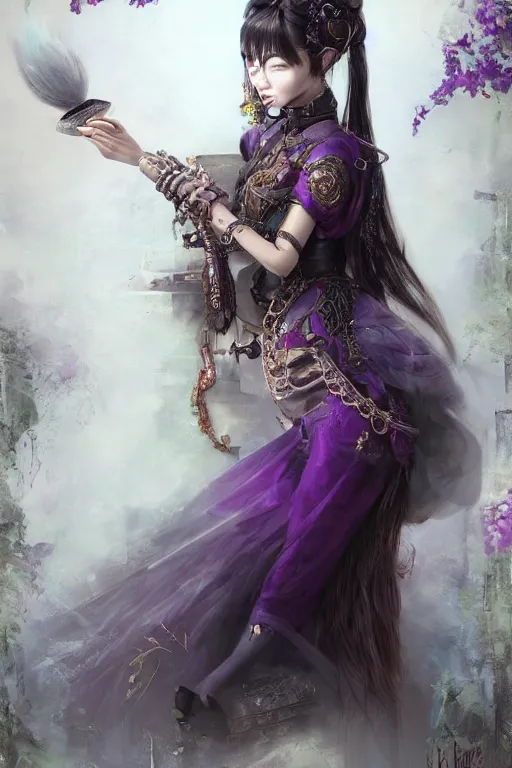 Prompt: photorealistic soft paint of absurdities and curiosities, single very beautiful asian princess full long dress, ultra deep fog, purple black lustrous thin haircut, partial symmetry accurate features, focus, very intricate ultrafine details, award winning masterpiece, steampunk world, ross tran