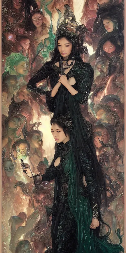 Image similar to epic masterpiece portrait of a dark asian sorceress with a magic wand, followed by heads with many faces, beautiful face and flawless skin, perfect hands, emeralds by Edgar Maxence and Ross Tran and Michael Whelan, Legends of Runeterra