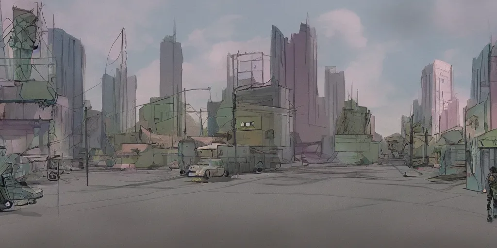 Image similar to back to the summer of the nuclear intense city, concept art, pastel soft colors, in the style of danny mcbride, knyazev konstantin