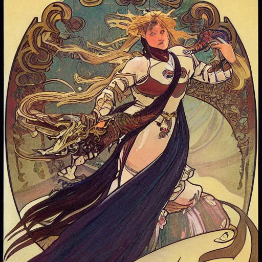 Image similar to woman in full plate armour, lance, flowing hair, fighting a dragon, painted by alphonse mucha