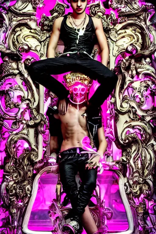 Image similar to full-body rococo and cyberpunk style neon statue of a young attractive Zayn Malik macho dotado e rico android sim roupa reclining con las piernas abertas e la piroca dura, glowing white lasers, glowing eyes, golden prince crown, black steampunk gears, pink diamonds, swirling mint-colored silk fabric. futuristic elements. black dripping tar. full-length view. space robots. human skulls. intricate artwork by caravaggio. Trending on artstation, octane render, cinematic lighting from the right, hyper realism, octane render, 8k, depth of field, 3D