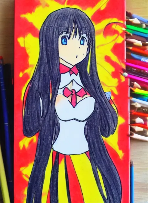 Image similar to drawn anime woman in business clothing, crayon art, very silly, very anime