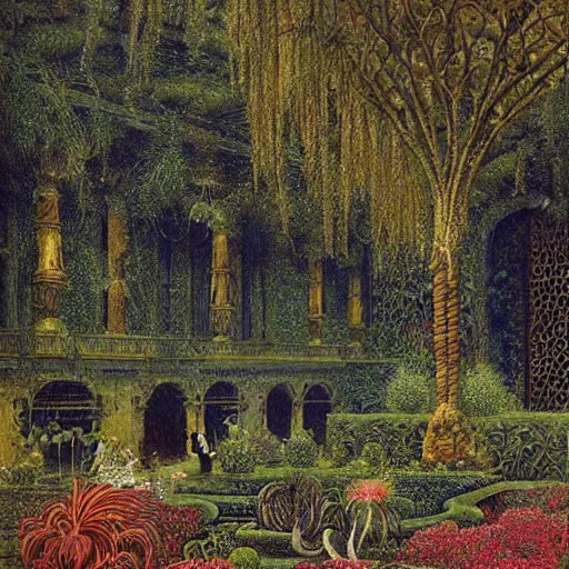 Prompt: a garden in an opulent palace full of exotic poisonous plants, high detail, painted by beksinski