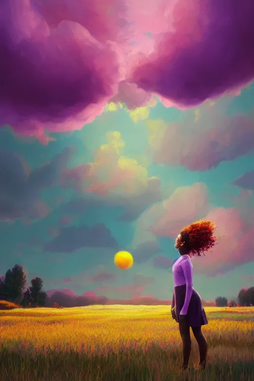 Prompt: portrait, giant lilac flower as head, black girl in heather field, surreal photography, golden hour, colorful clouds, impressionist painting, digital painting, artstation, simon stalenhag
