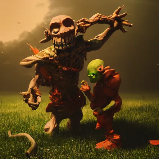 Prompt: goblin punches a scarecrow, dungeons and dragons, fantasy, octane render, highly detailed, artstation, 8 k, cinematic