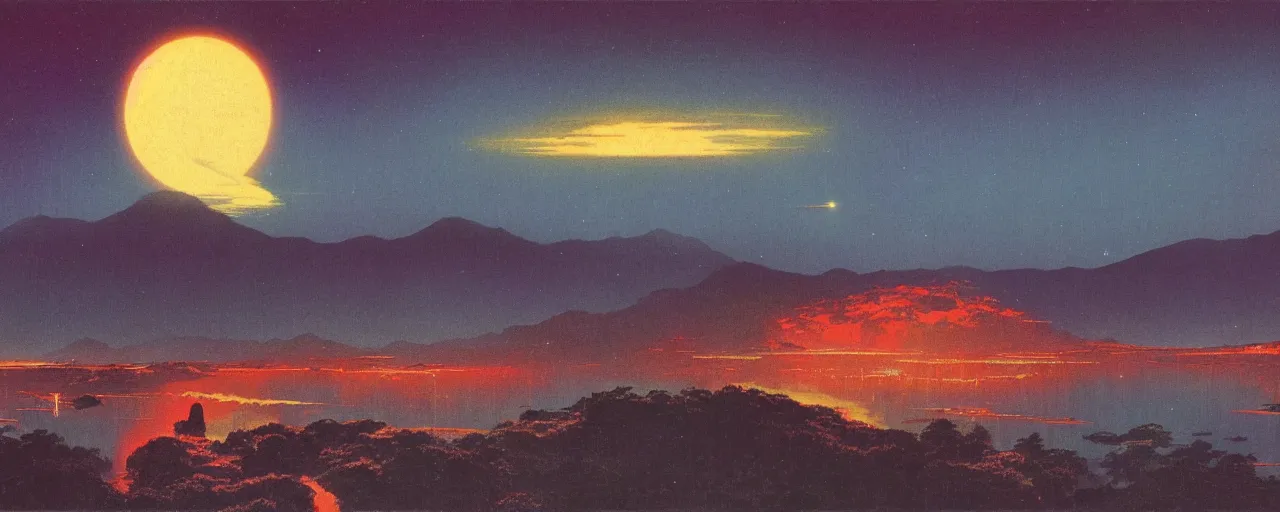 Image similar to awe inspiring bruce pennington landscape, digital art painting of 1 9 6 0 s, japan at night, 4 k, 8 k, hyperdetailed, minimalist