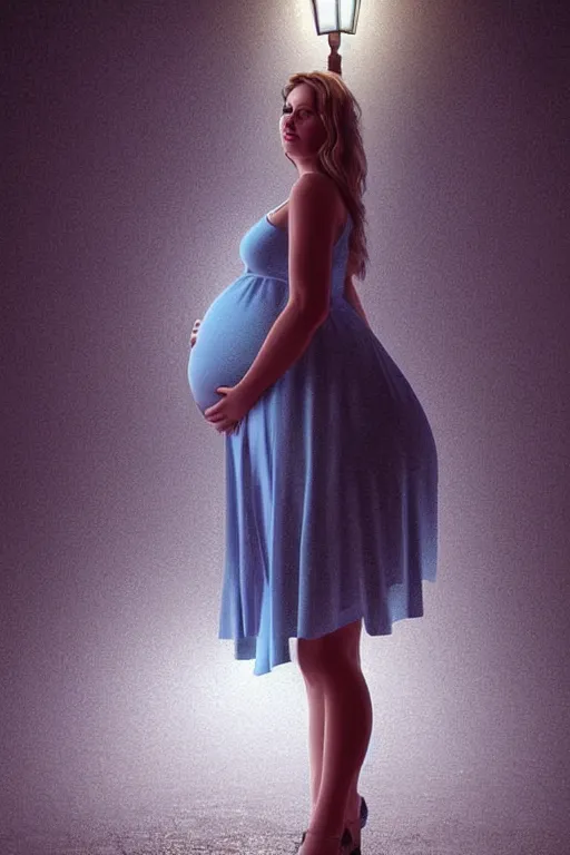 Image similar to pregnant woman in a short blue dress in night under street light, highly detailed, sharp focused, ultra realistic digital concept art by Nikolai Shurygin