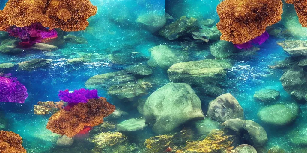 Image similar to ultra realistic underwater photography, panoramic picture of a river with large brightly colourful fish. lots of bubbles. seaweed and some rocks. gloomy scattered light entering from the water surface, artstation, 8 k