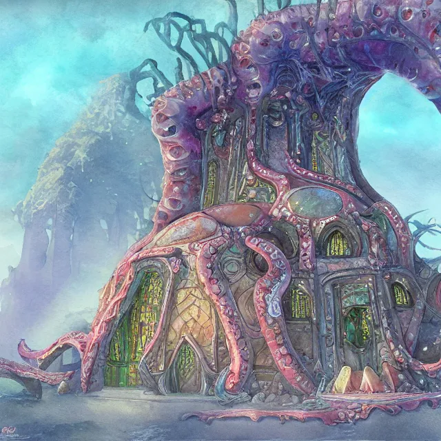 Image similar to the slimy squid palace at the blossom coast beautifully showcases elven architecture. watercolor by the award - winning concept artist