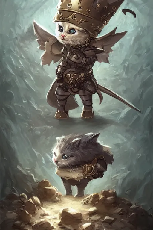 Image similar to cute little anthropomorphic cat knight wearing a cape and a crown, tiny, small, miniature cat , baby animal, short, pale blue armor, cute and adorable, pretty, beautiful, DnD character art portrait, matte fantasy painting, DeviantArt Artstation, by Jason Felix by Steve Argyle by Tyler Jacobson by Peter Mohrbacher, cinematic lighting