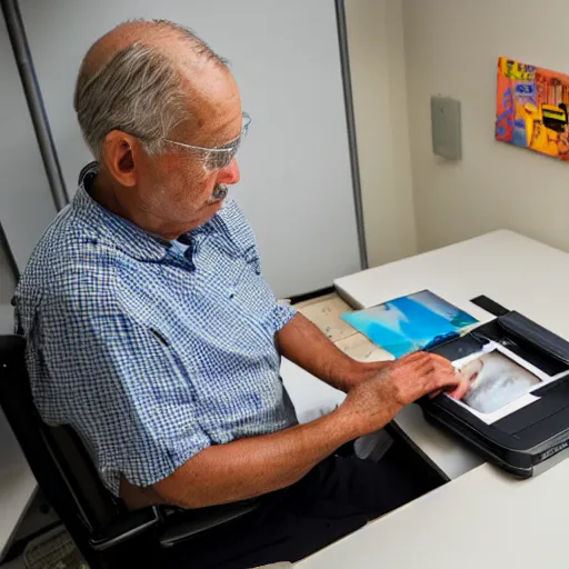 Prompt: a photograph of an old man printing photographs from his photo printer, there are printed photos all over his desk and he is examining some printed photos with a magnifying glass, taken with a canon eos 5 d,