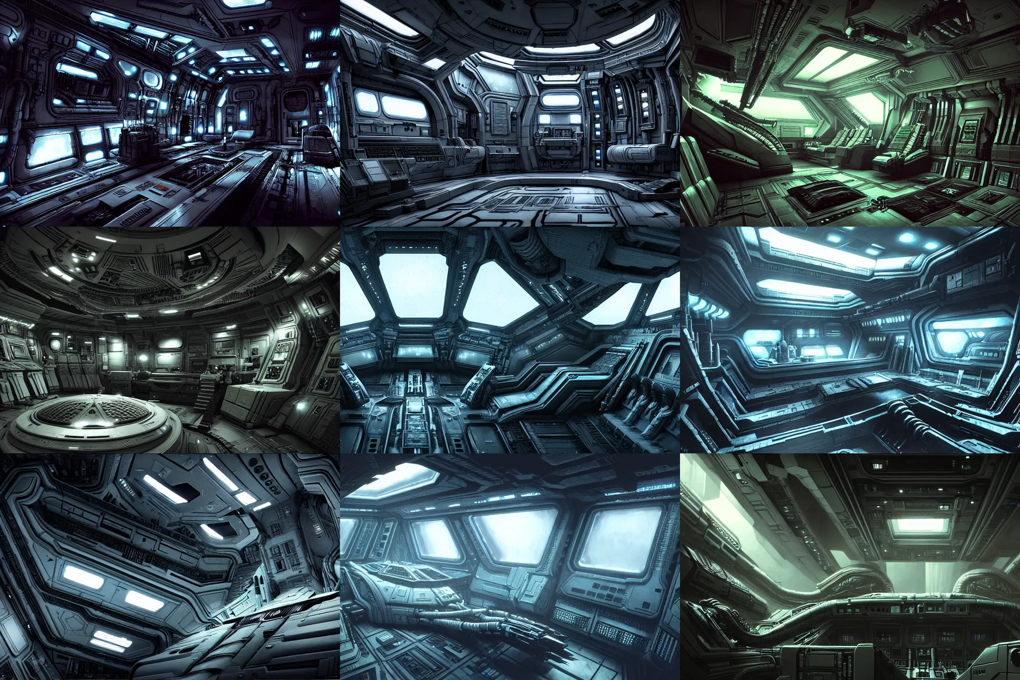 Prompt: Nostromo spaceship interior from Alien by HR Giger, highly detailed intricate interior design, sharp focus, smooth, 4k, octane render, dimmed ambient lighting, digital painting, artstation