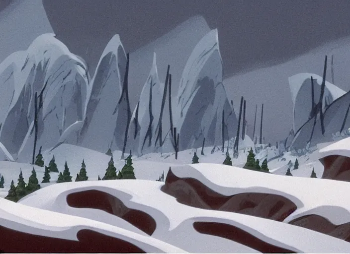 Prompt: stark minimalist charred wooded snowdrift landscape by bill watterson from mulan ( 1 9 9 8 )