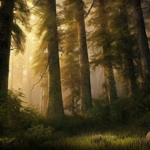 Prompt: A beautiful hyper realistic detailed matte painting of the inside deep forest with high trees, dynamic lighting, cinematic lighting, lit by morning light, unreal engine, featured on artstation