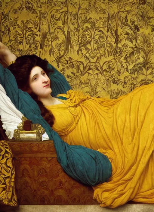 Image similar to masterpiece portrait of lady reclining on bed wearing yellow ochre ornate medieval dress, vertical, foreshortening, colour photography by frederic leighton, william morris, 8 k