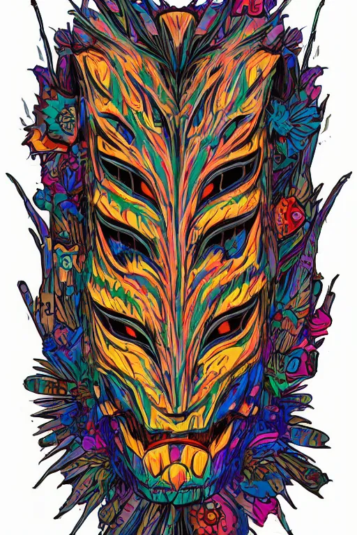 Image similar to animal mask totem roots flower tribal feather gemstone plant wood rock shaman vodoo video game vector cutout illustration vivid multicolor borderlands comics by josan gonzales and dan mumford radiating a glowing aura