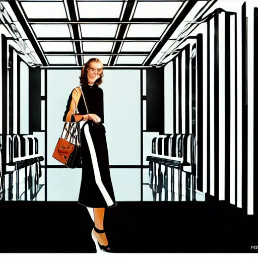 Image similar to a louis vuitton handbag in year 3000, art-deco style, in entrance hall of an art-deco skyscaper, photography , official vuitton editorial , highly detailed