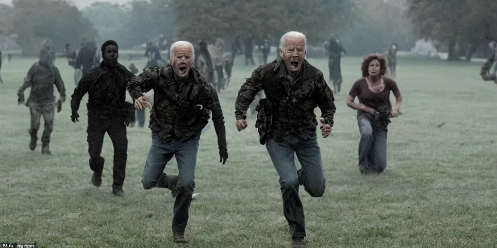 Image similar to movie still of joe biden running away from a hoard of infected zombies on the white house lawn in the movie 2 8 days later, detailed, real, cinematic