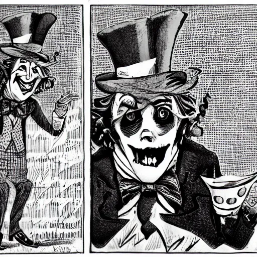 Image similar to a Pop Wonder scary horror themed goofy-hilarious-character Mad-Hatter-wearing a scarf, 3-piece-suit, dime-store-comic drawn with charcoal and pen and ink, half-tone-line-stacking