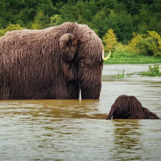 Prompt: wooly mammoth in a pond