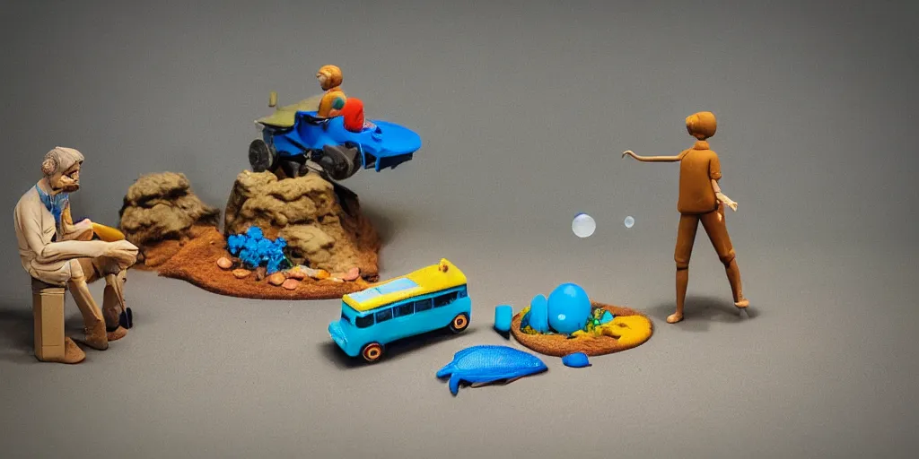 Prompt: plasticine model of [ [ [ [ newt ] ] ] ] stop motion figures clay [ [ surreal ] ]. strange. tilt shift. tank. bubbles. weird. fish tank in waiting room. photorealistic.