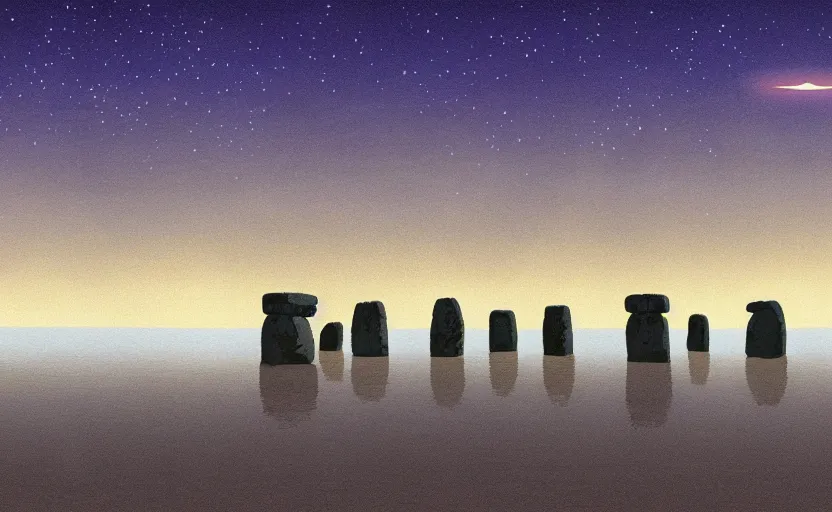 Image similar to a cell - shaded studio ghibli concept art of a hovering ufo shining a spotlight on a camel caravan in a flooded stonehenge desert on a misty starry night. very dull colors, hd, 4 k, hq