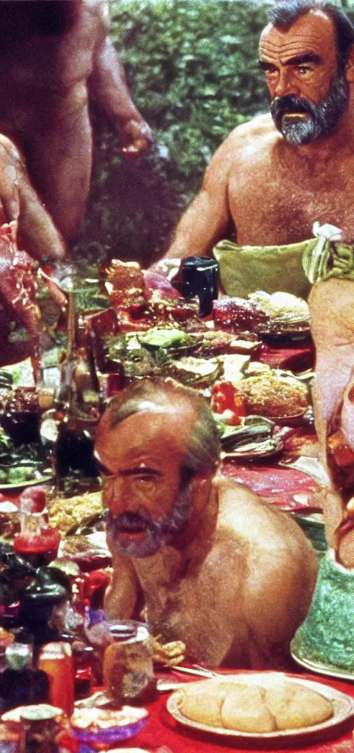 Image similar to a 3 5 mm color closeup macro hi def picture of sean connery as zardoz as he's accessing third eye second level during his 9 6 6 th birthday party along with female friends. everything is of the second level including plates of green bread and hams on the isle of kun lao. volumetric lighting with picoso hotdogs. atmospheric. scary fog national geographic.