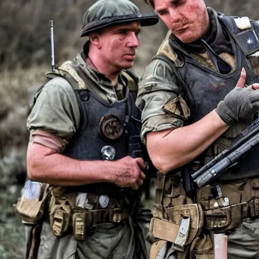 Image similar to British mercenaries wearing grey body armor smoking cigarettes in the aftermath of a bloody battle, photo by Lynsey Addario, Pulitzer Winning, cinematic composition, breathtaking, modern, 2022