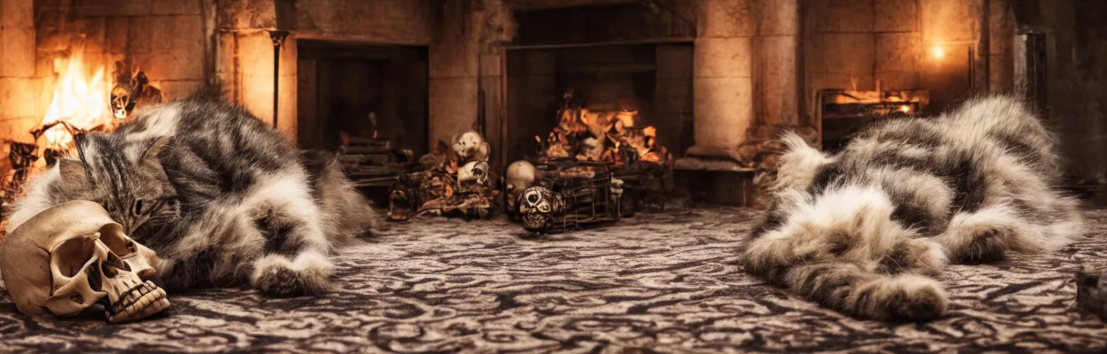 Image similar to a beautiful hairy cat sleeping next to a skull on an old carpet next to a fireplace, 4K, photorealistic, cinematic, moody fireplace lighting, UHD, HDR