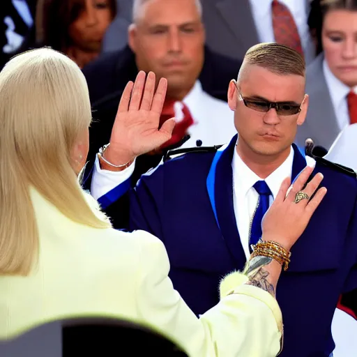 Prompt: riff raff being sworn in as 4 7 th president of united states, live coverage, 4 k