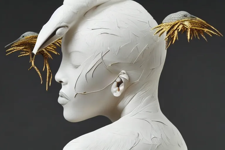 Image similar to full body, beautiful female black, porcelain sculpture, with lots of ornate gold leaf 3 d ibis birds attached to head by daniel arsham and james jean, on a white background, delicate facial features, white eyes, white lashes,