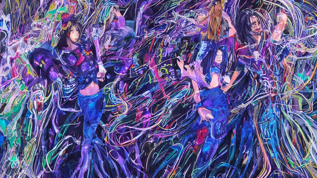 Prompt: a detailed painting of two people dressed as gen z dancing togheter in a nightclub, inspired by yoshitaka amano enveloped in trails of colorful animal ghosts floating around them. clean painting, realistic and auora lighting. dark blue and intense purple color palette, art by yoshiyuki tomino, 8 k