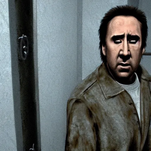 Image similar to nicolas cage hiding behind a corner in silent hill