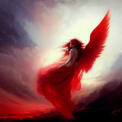 Image similar to a fallen angel in red fluid simulation, painting by ross tran and ivan aivazovsky