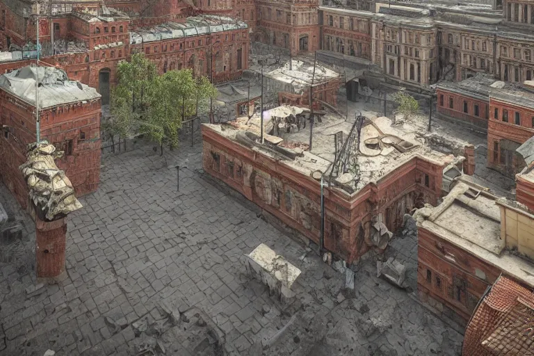 Image similar to a Moscow old courtyard with mud and an old playground between two soviet five-storey panel houses, Brutalism, high details, cinematic, 8k resolution, beautiful detailed, insanely intricate details, artstation trending, octane render, unreal engine