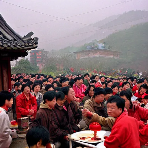 Prompt: Chinese new year gathering in a small village near Hangzhou in the early 2000s