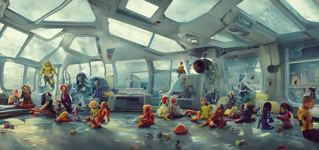 Image similar to kindergarten in a spacestation, big windows, happy children, intense sci-fi details, realism, stunning photo-quality, bright and happy, movie-quality, futuristic, technology, cinematic atmosphere, muted colours, guardians of the galaxy-style 4k, arnold render, trending on artstation, cgsociety,