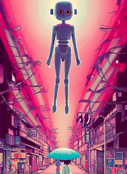 Image similar to a movie poster for a film based on the song Yoshimi battles the pink robots, part 1. by the band the flaming lips; artwork by Hiyao Miyazaki and studio Ghibli; a Japanese girl is fighting a gigantic evil Pink Robot in an alley in Tokyo; incredibly detailed artwork by James jean, Phil noto, Jon Foster, studio Ghibli