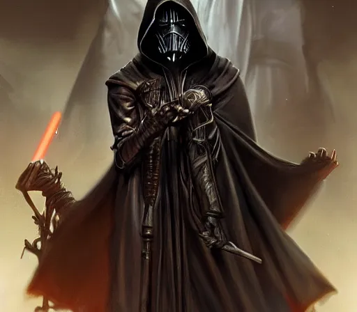 Prompt: ww 1 sith sorcerer, hooded cloaked sith lord, full character concept art, highly detailed matte painting intricately beautiful, intricately detailed by dom qwek by darren bartley byjames jean