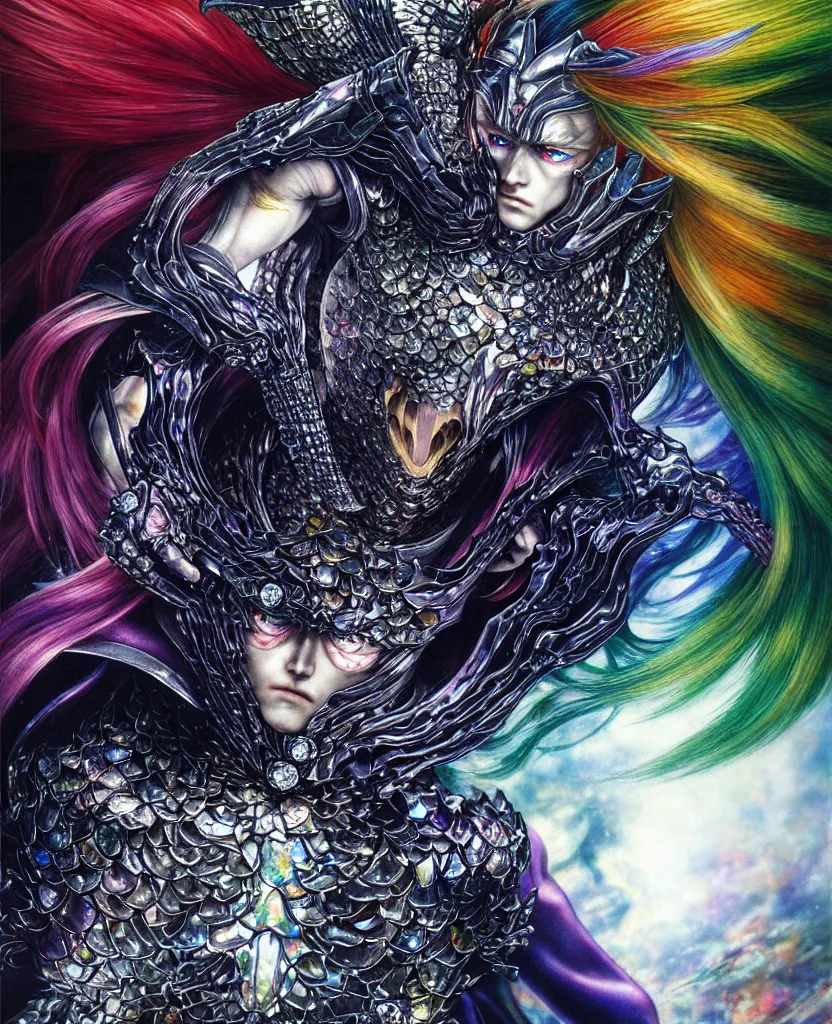 Image similar to realistic detailed image of ultra wrathful rainbow diamond iridescent mega griffith from berserk, depth perception, depth of field, action horror by ayami kojima, neo - gothic, gothic, part by adrian ghenie and gerhard richter. art by yoshitaka amano. masterpiece