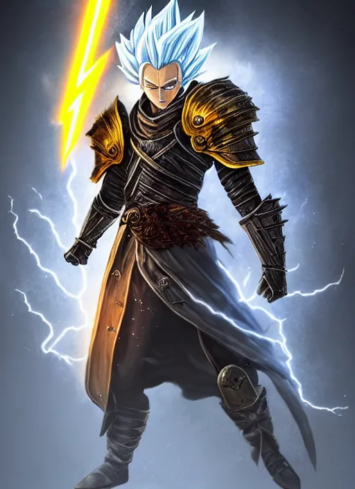 Prompt: portrait of an athletic male knight casting a lightning spell and going super saiyan as a diablo 3 character, looking at camera, his armor is infused with lightning bolts, D&D, lightning master, short hair, intricate, elegant, stylish, cute smile, fantasy, extremely detailed, digital painting, artstation, concept art, smooth, sharp focus, illustration, ambient lighting, art by artgerm and greg rutkowski and alphonse mucha and simon stalenhag