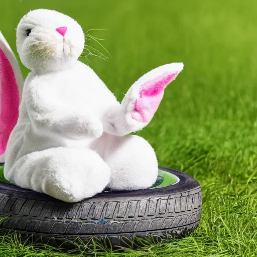 Image similar to a cute easter bunny sitting on a tire, studio photo, high quality