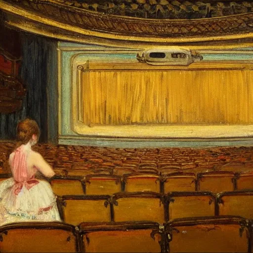 Image similar to a young man watching an actress on stage in an old theater, by alfred stevens