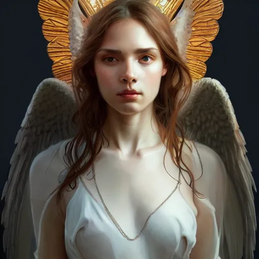Image similar to wide angle full body portrait of an angel with a perfect face and perfect body, intricate, highly detailed, digital painting, artstation, concept art, smooth, sharp focus, illustration, Unreal Engine 5, 8K, art by artgerm and greg rutkowski and alphonse mucha